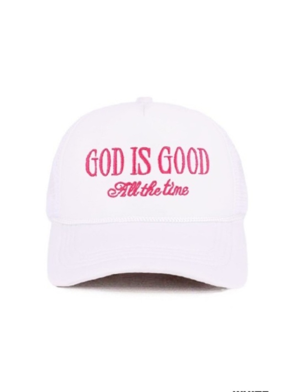 White Cap with Pink "God Is Good" Embroidery